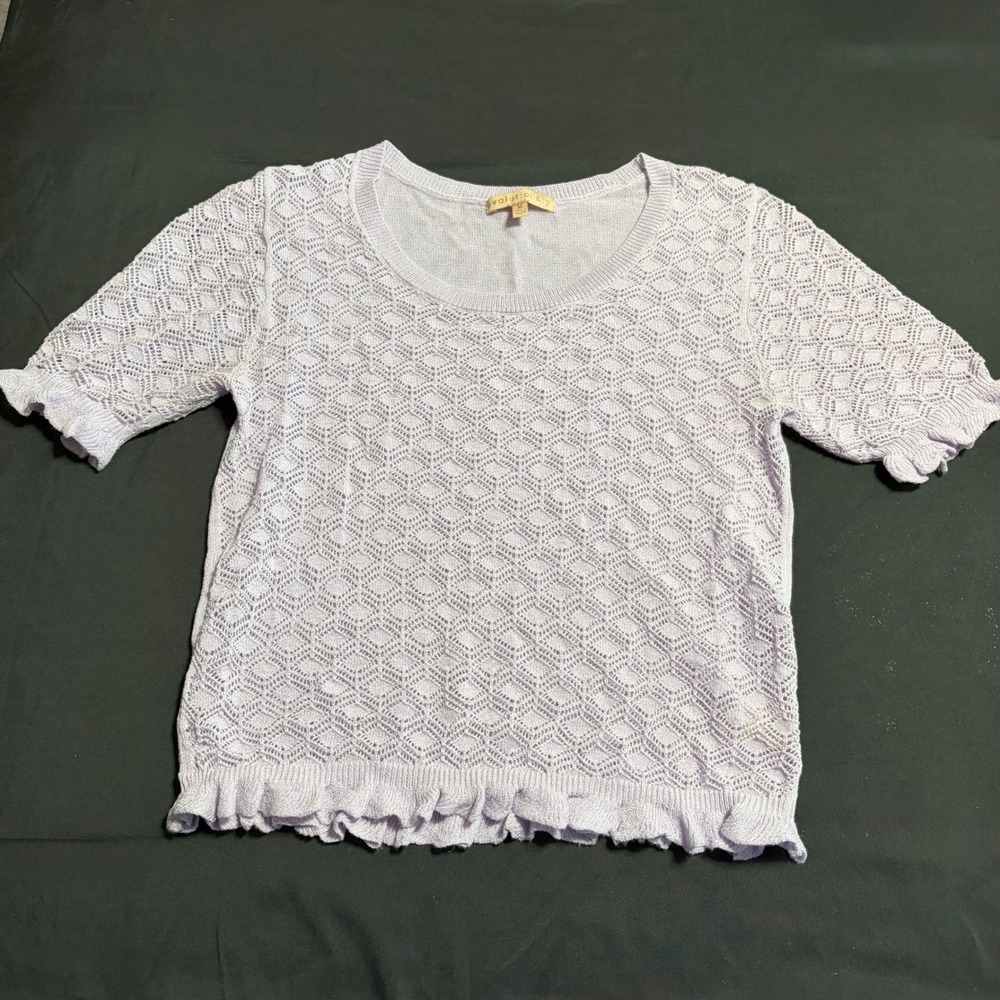 Evolutionary Girls Pointelle Knit Sweater Medium Lavender Ruffle Short Sleeve